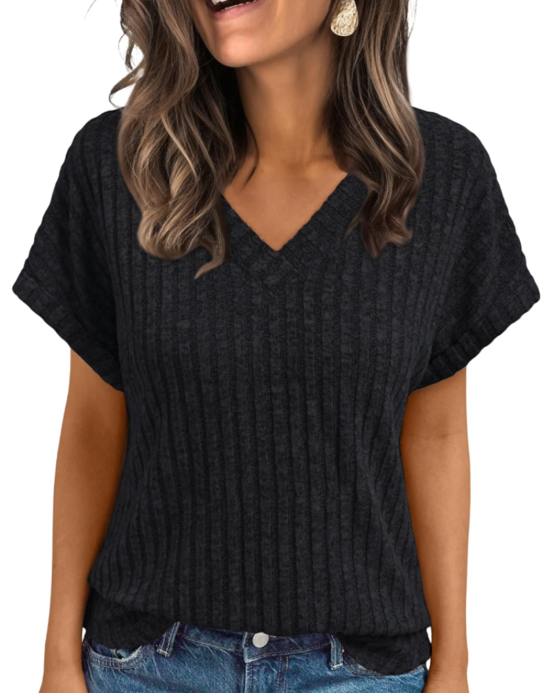 Orla Top Femme – Elegant V-halsbluse med korte ærmer, afslappet og chic løs pasform