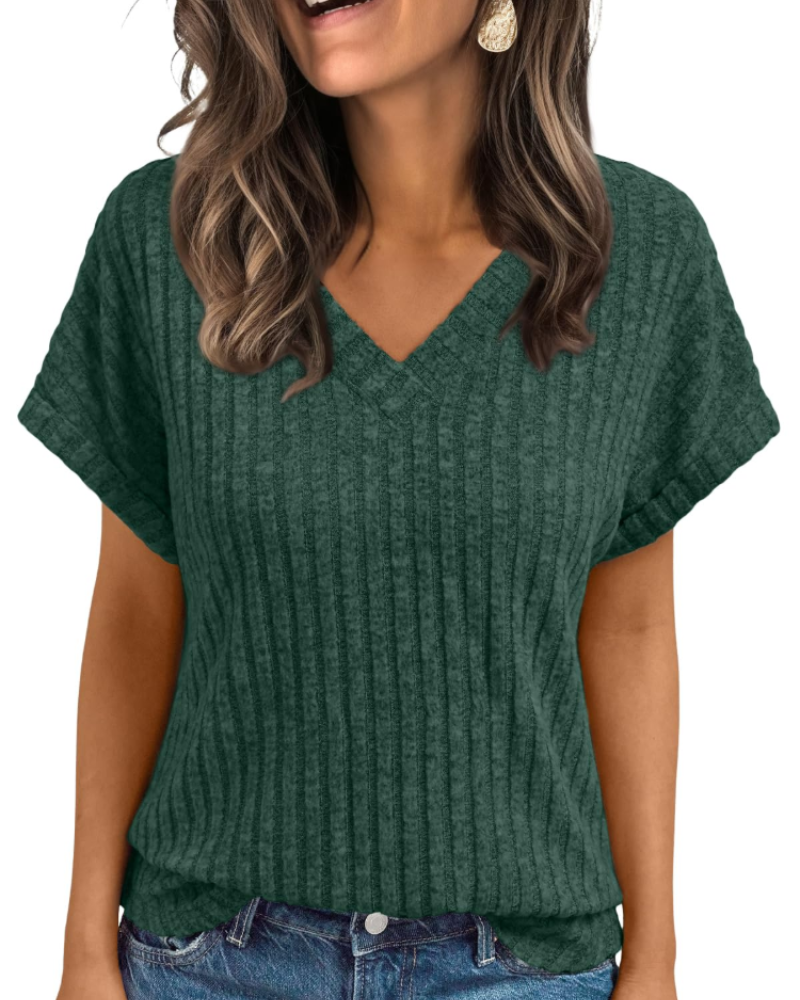 Orla Top Femme – Elegant V-halsbluse med korte ærmer, afslappet og chic løs pasform
