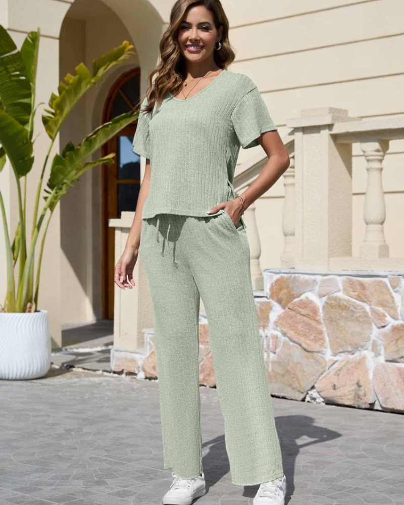 Isabelle Ensemble Femme Côtelé – Haut Col V & Pantalon Large 2 Pièces avec Poches