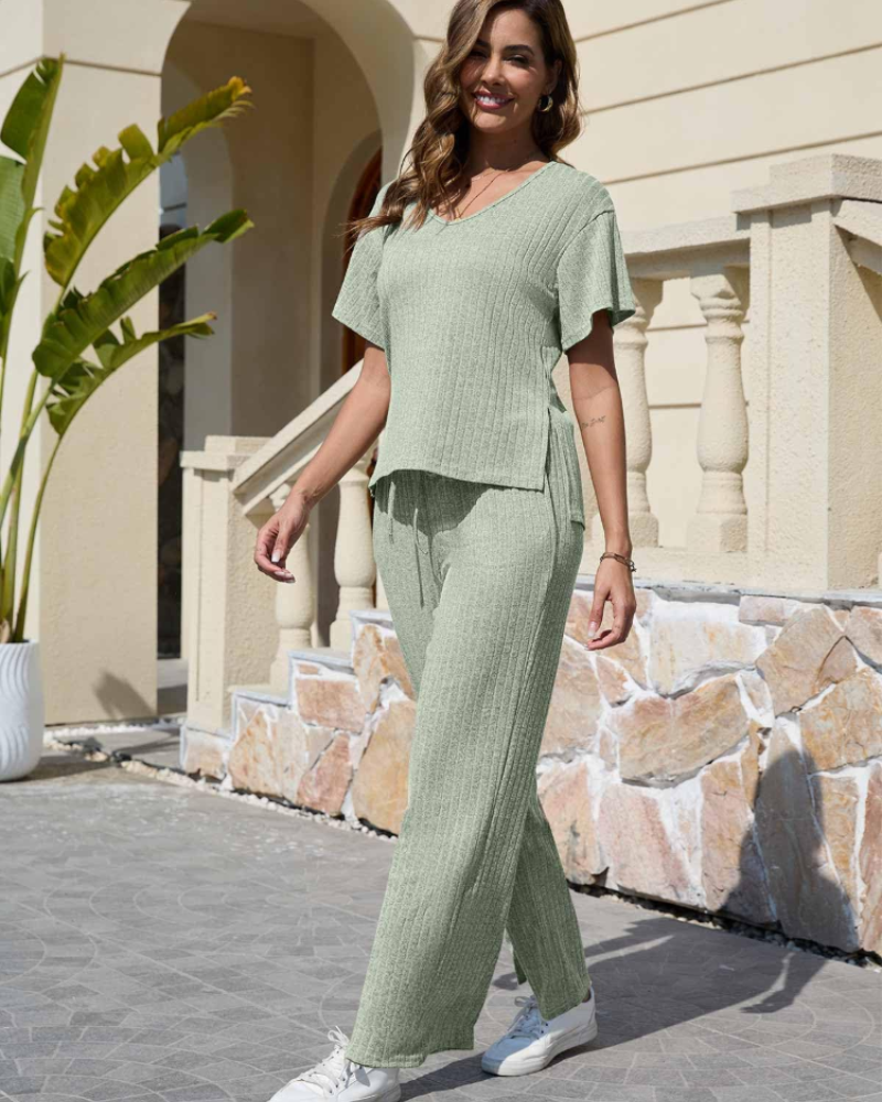 Isabelle Ensemble Femme Côtelé – Haut Col V & Pantalon Large 2 Pièces avec Poches