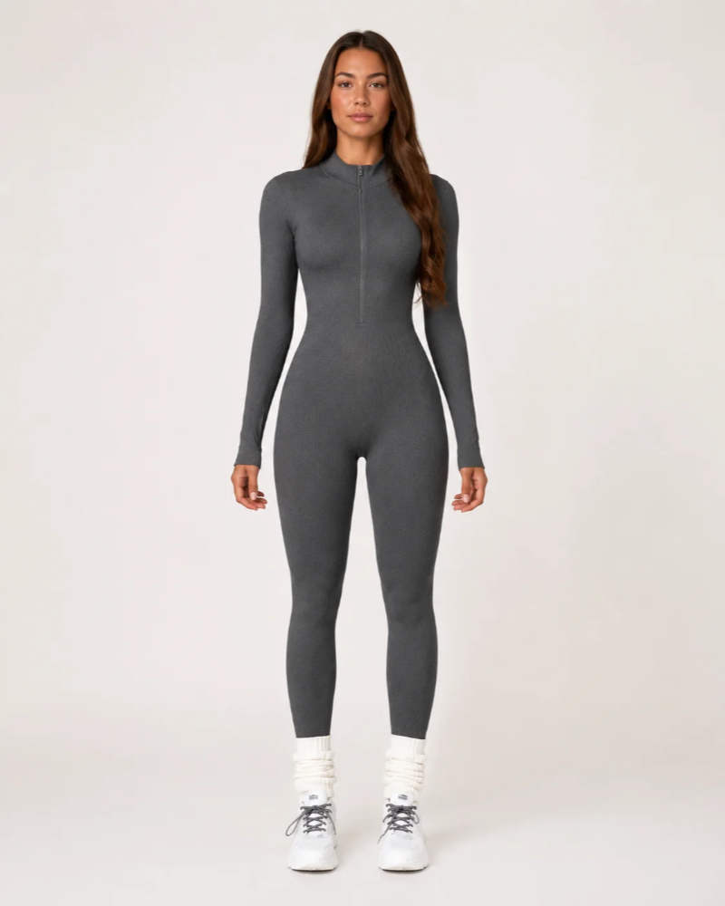 Hayden Macacão Desportivo Feminino – Macacão Sem Costuras Canelado com Mangas Compridas e Fecho de Zíper