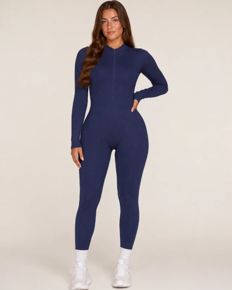 Hayden Macacão Desportivo Feminino – Macacão Sem Costuras Canelado com Mangas Compridas e Fecho de Zíper