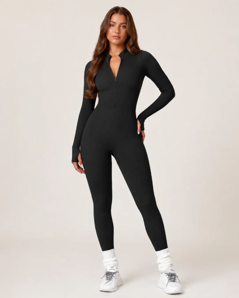 Hayden Macacão Desportivo Feminino – Macacão Sem Costuras Canelado com Mangas Compridas e Fecho de Zíper