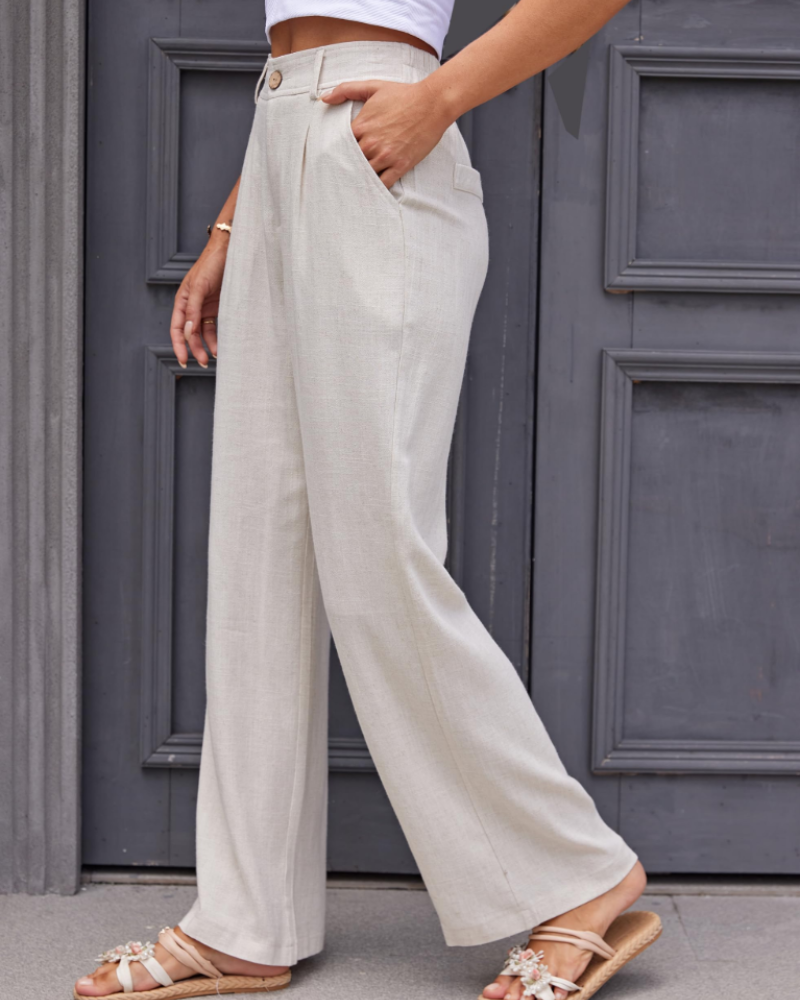 Victoria Calças Femininas em Linho – Calças de Cintura Alta Plissadas com Bolsos e Corte Elegante