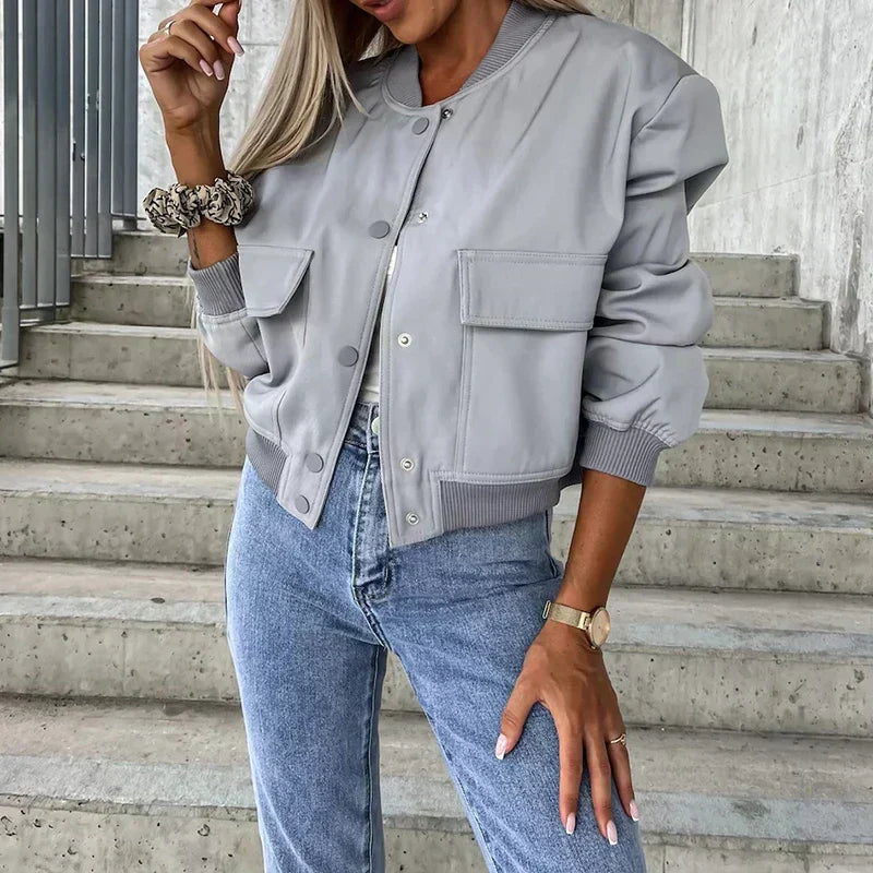 Paula bunda bomber dámská – krátký styl s klopovými kapsami a módním městským vzhledem