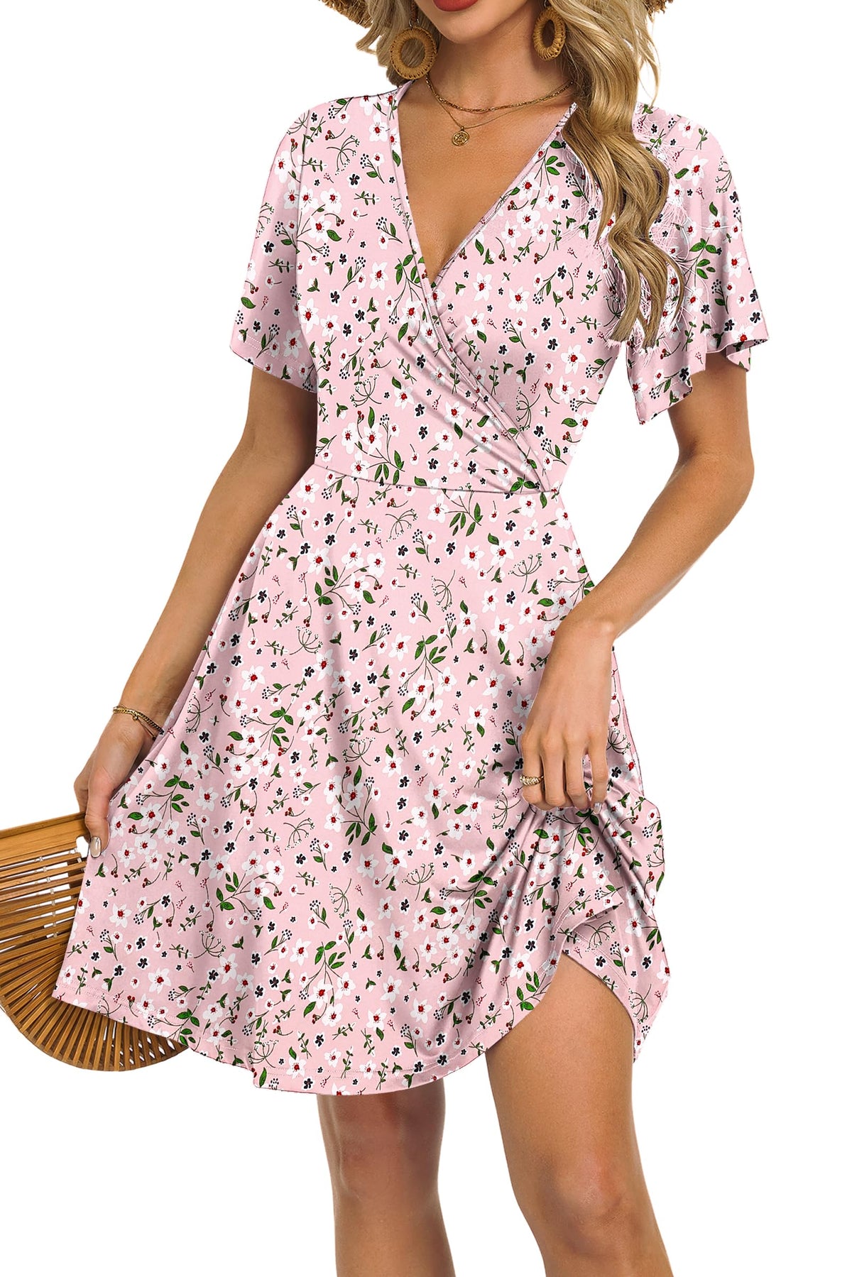 Mariselle Kleid Damen – Wickelkleid mit V-Ausschnitt, Blumenmuster, Empire-Taille & A-Linien Schnitt Sommer