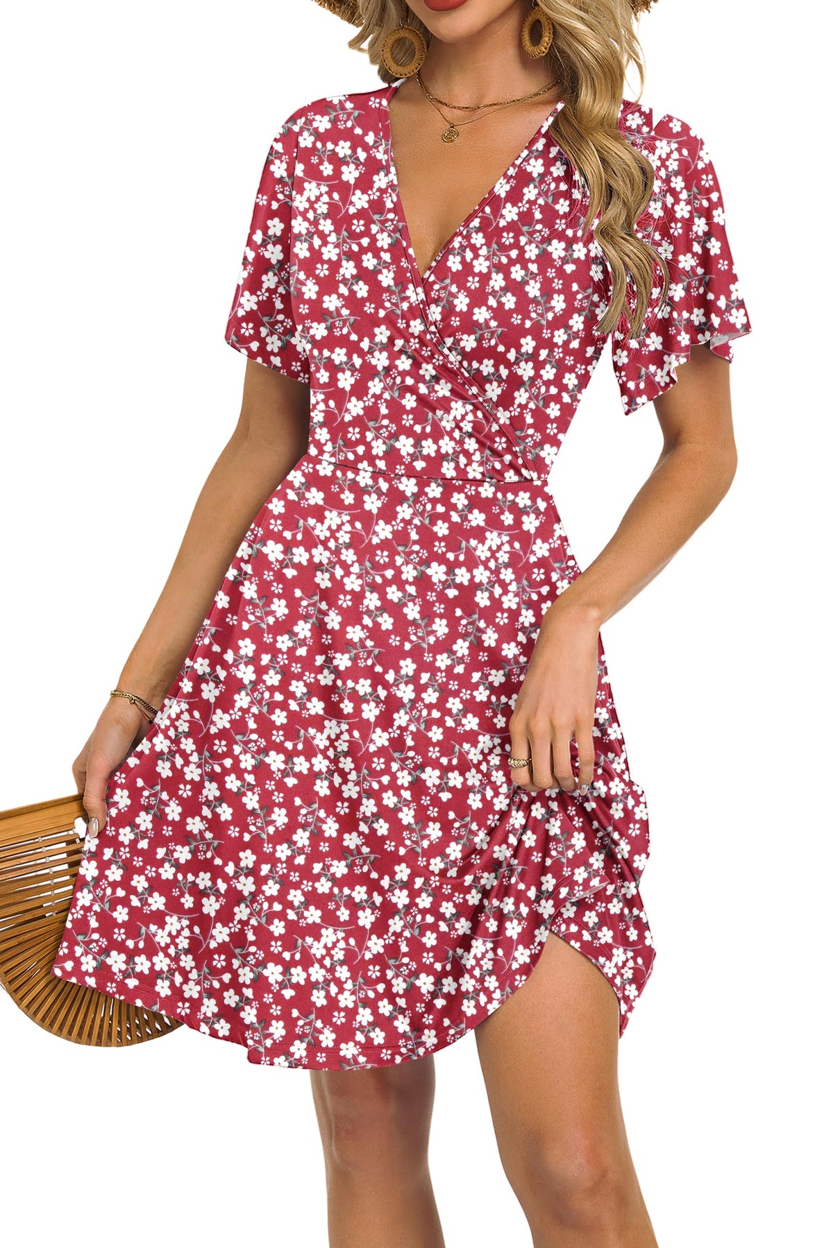 Mariselle Kleid Damen – Wickelkleid mit V-Ausschnitt, Blumenmuster, Empire-Taille & A-Linien Schnitt Sommer