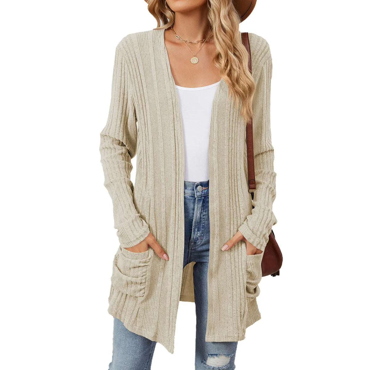 Isabelle Damen langer Cardigan – Offener gerippter Strickweste mit Taschen & lässiger Passform