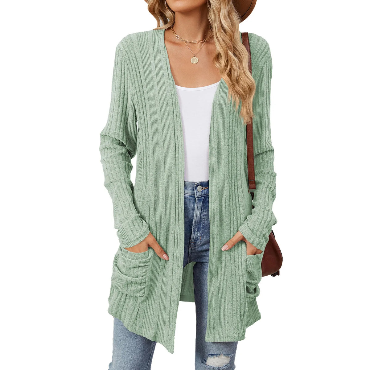 Isabelle Damen langer Cardigan – Offener gerippter Strickweste mit Taschen & lässiger Passform