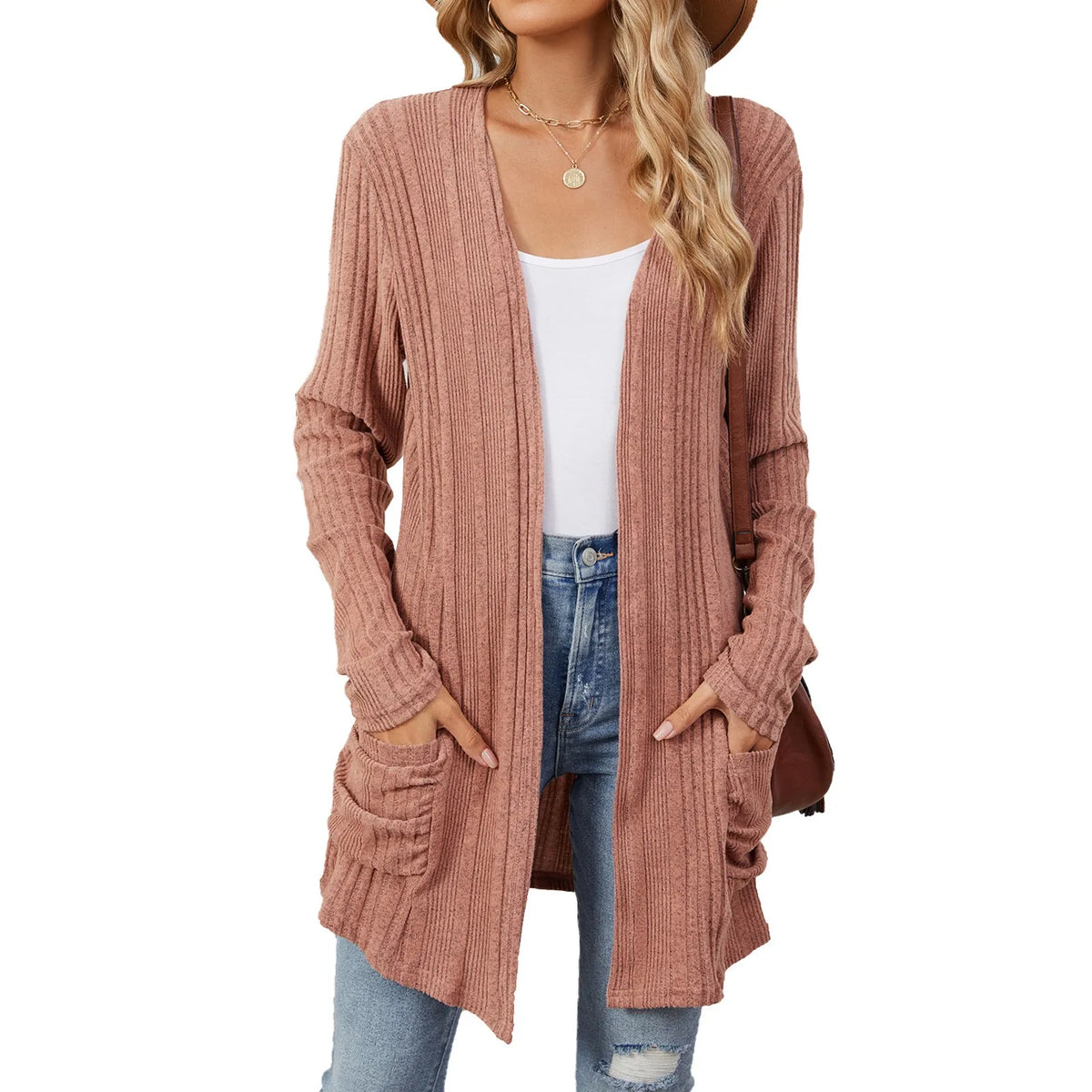 Isabelle Damen langer Cardigan – Offener gerippter Strickweste mit Taschen & lässiger Passform