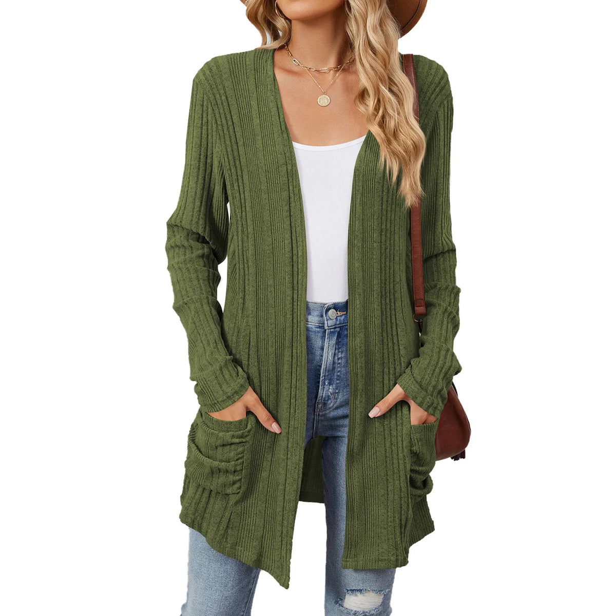 Isabelle Damen langer Cardigan – Offener gerippter Strickweste mit Taschen & lässiger Passform