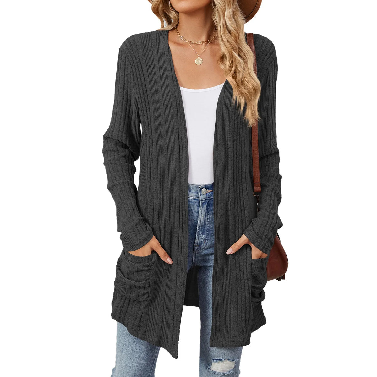 Isabelle Damen langer Cardigan – Offener gerippter Strickweste mit Taschen & lässiger Passform