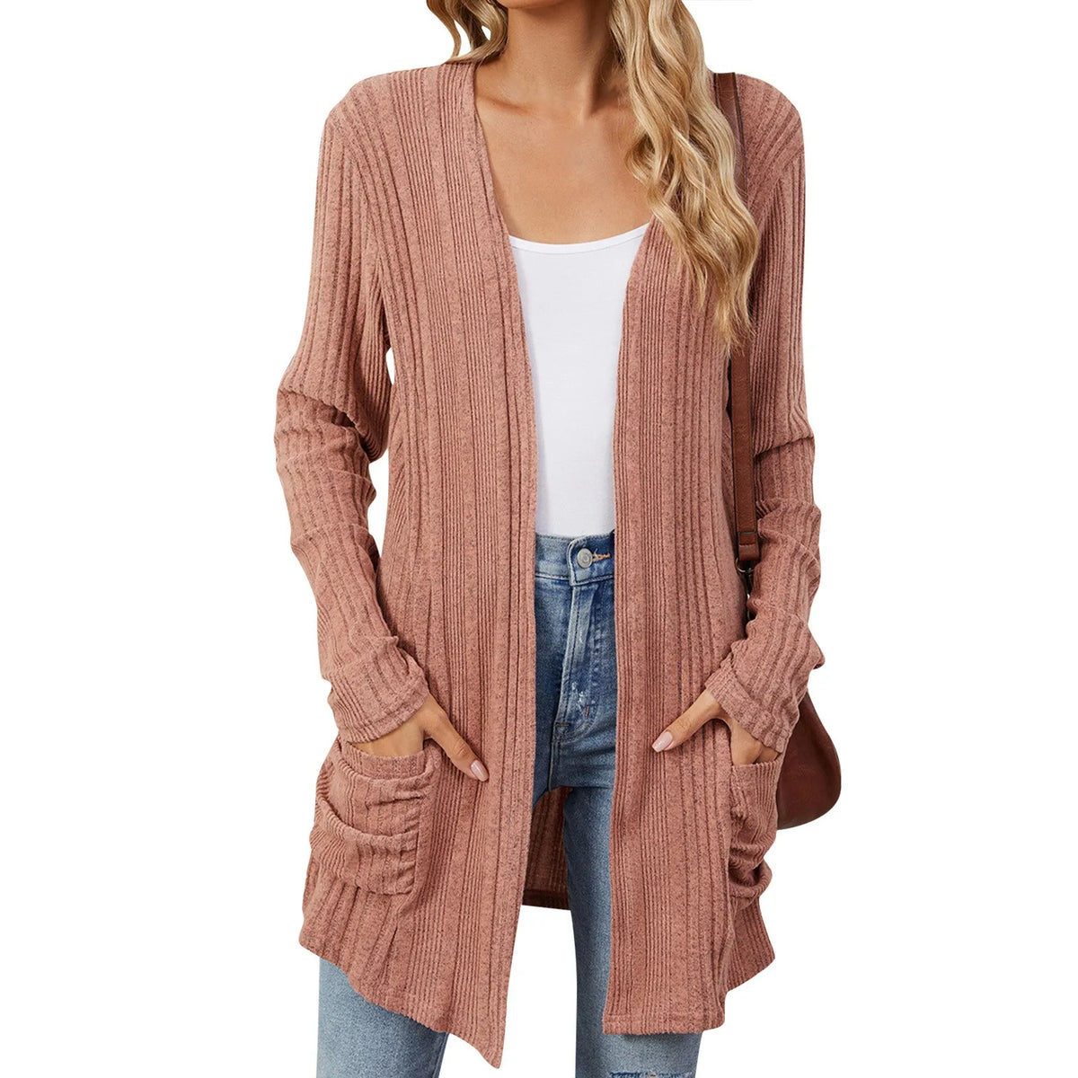 Isabelle Damen langer Cardigan – Offener gerippter Strickweste mit Taschen & lässiger Passform