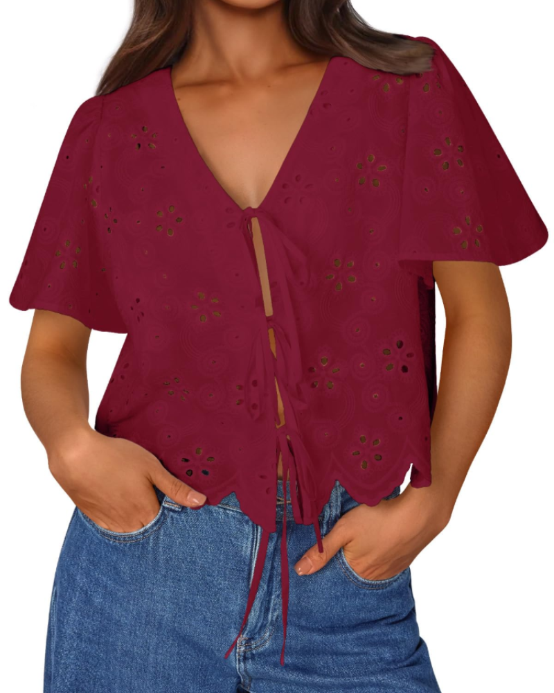 Liora Top Donna Estate – Blusa Bohemien in Cotone con Ricamo Inglese e Fiocco, Stile Spiaggia Chic