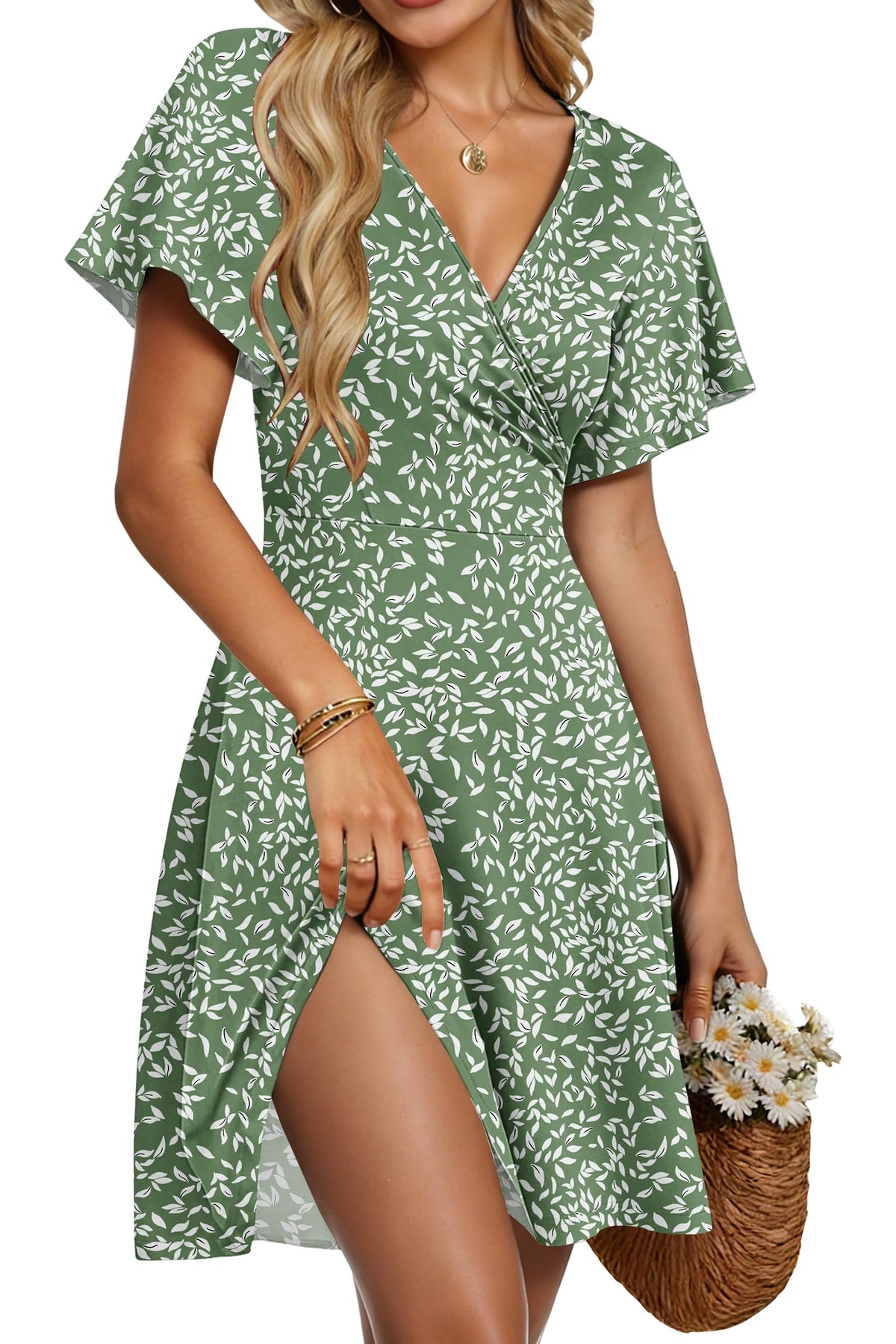 Mariselle Kleid Damen – Wickelkleid mit V-Ausschnitt, Blumenmuster, Empire-Taille & A-Linien Schnitt Sommer