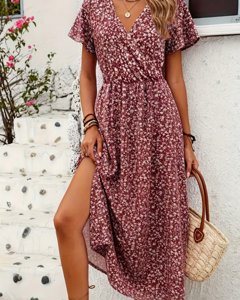 Jade Maxi-jurk voor dames – V-hals, korte mouwen, feestelijk & kantoor