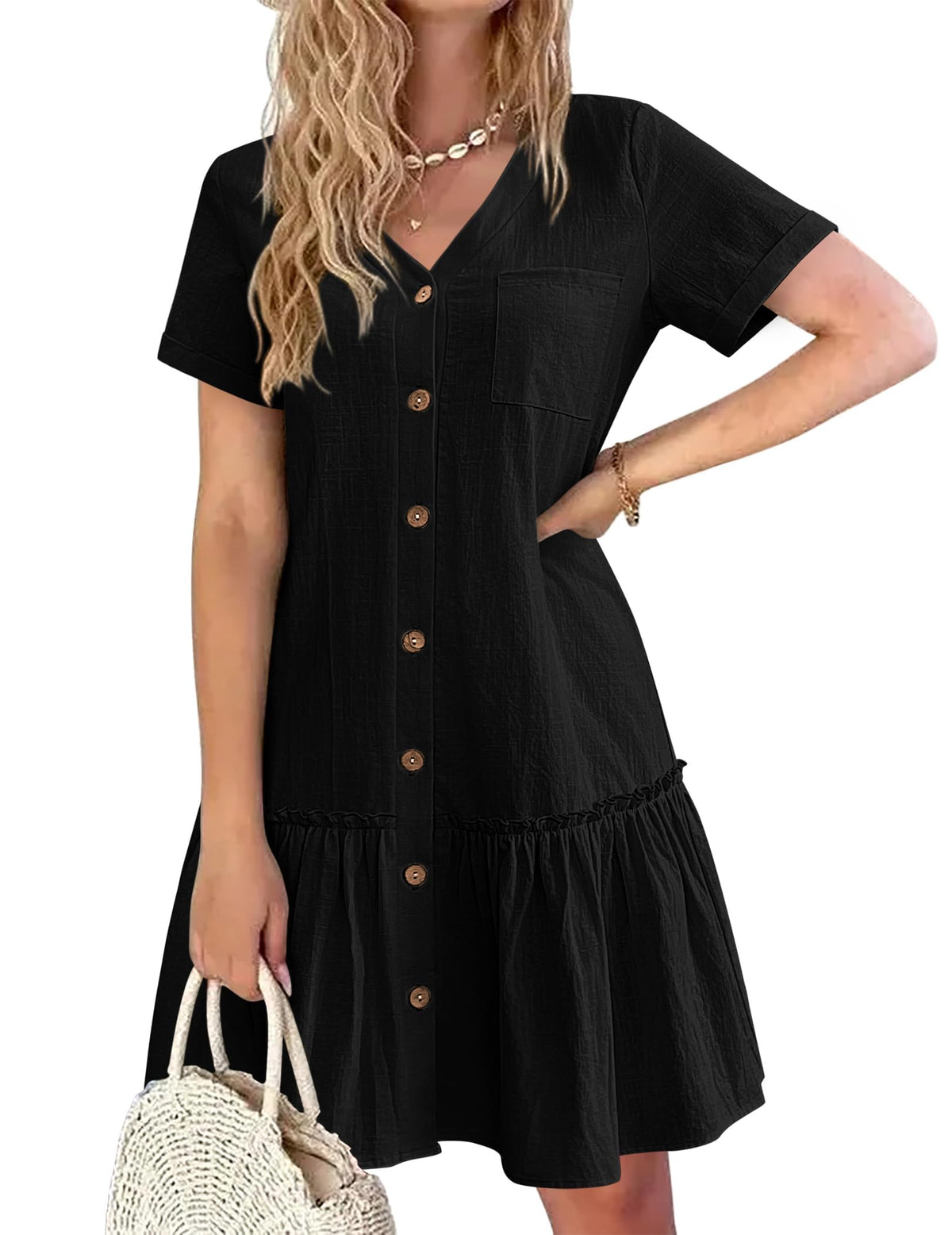 Trixie jurk dames – V-hals met knopen, katoen linnen losse pasvorm & volant zoom zomer