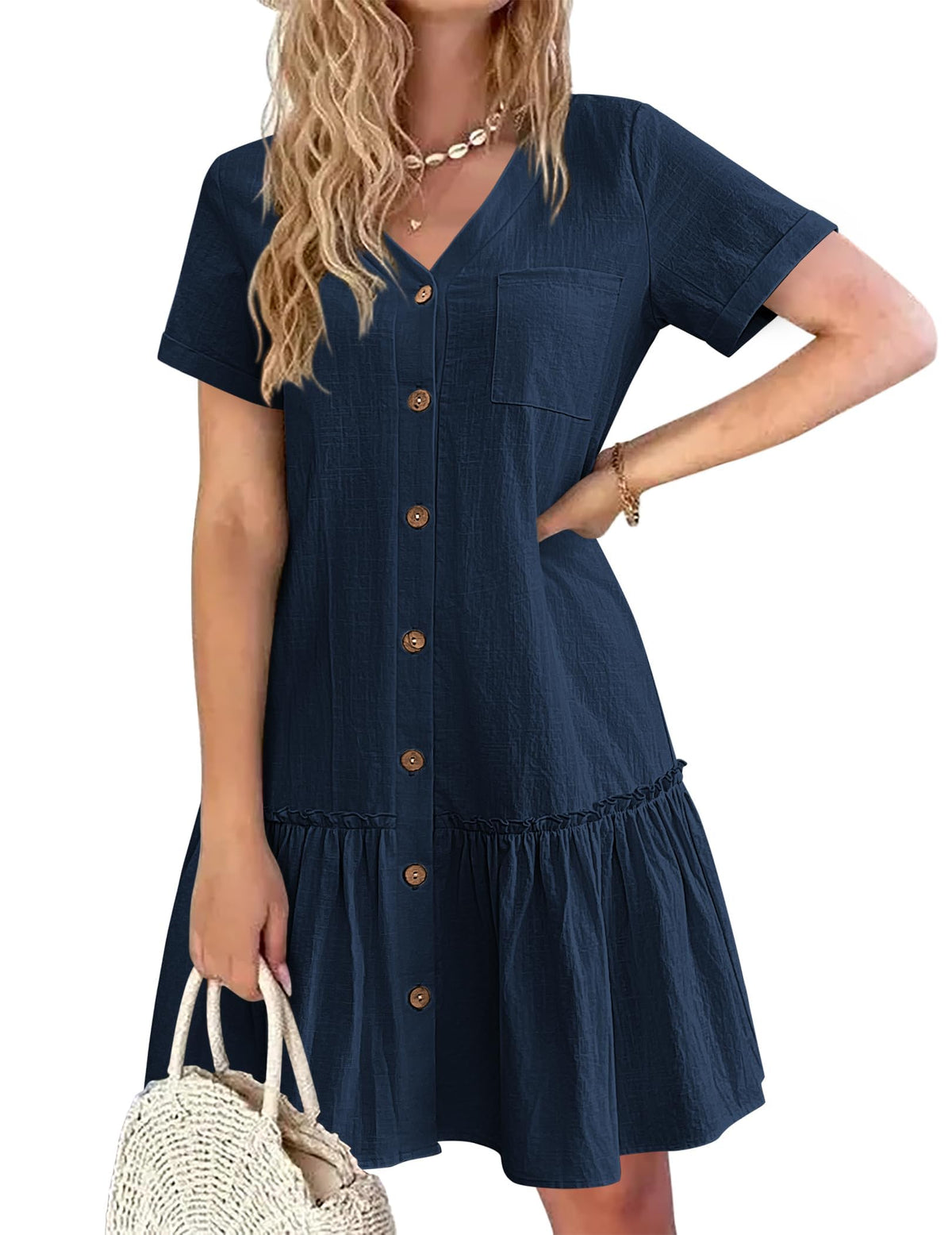 Trixie jurk dames – V-hals met knopen, katoen linnen losse pasvorm & volant zoom zomer