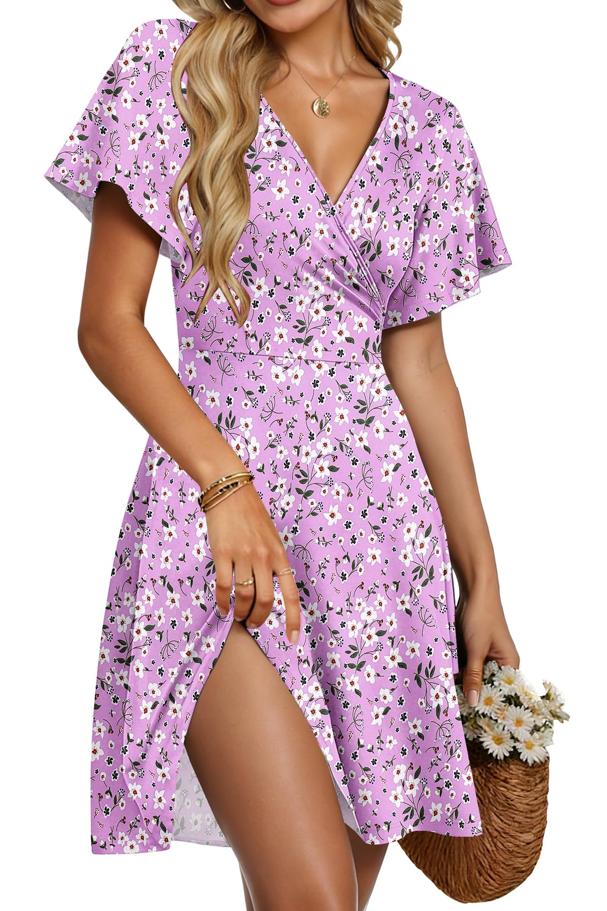 Mariselle Kleid Damen – Wickelkleid mit V-Ausschnitt, Blumenmuster, Empire-Taille & A-Linien Schnitt Sommer
