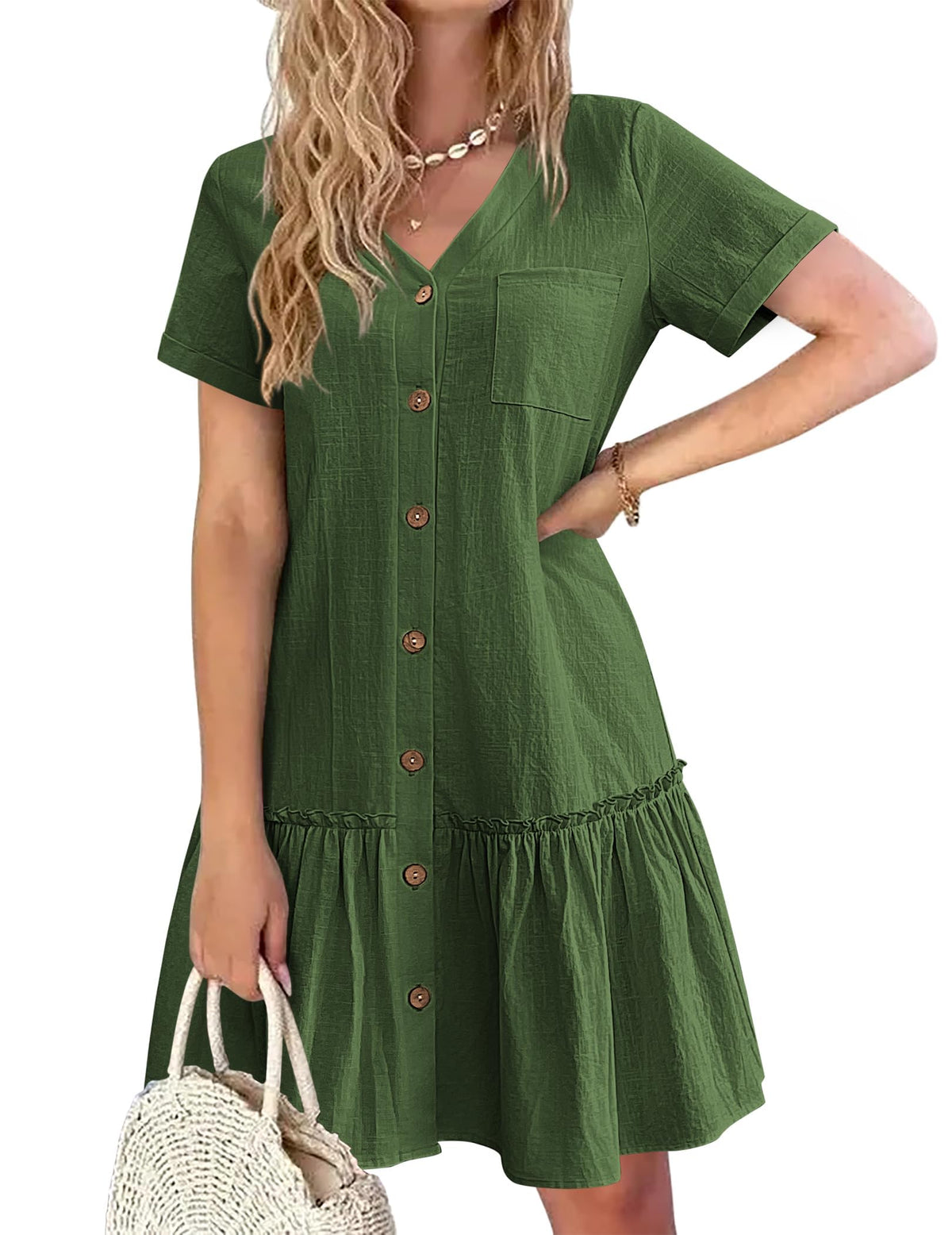 Trixie jurk dames – V-hals met knopen, katoen linnen losse pasvorm & volant zoom zomer