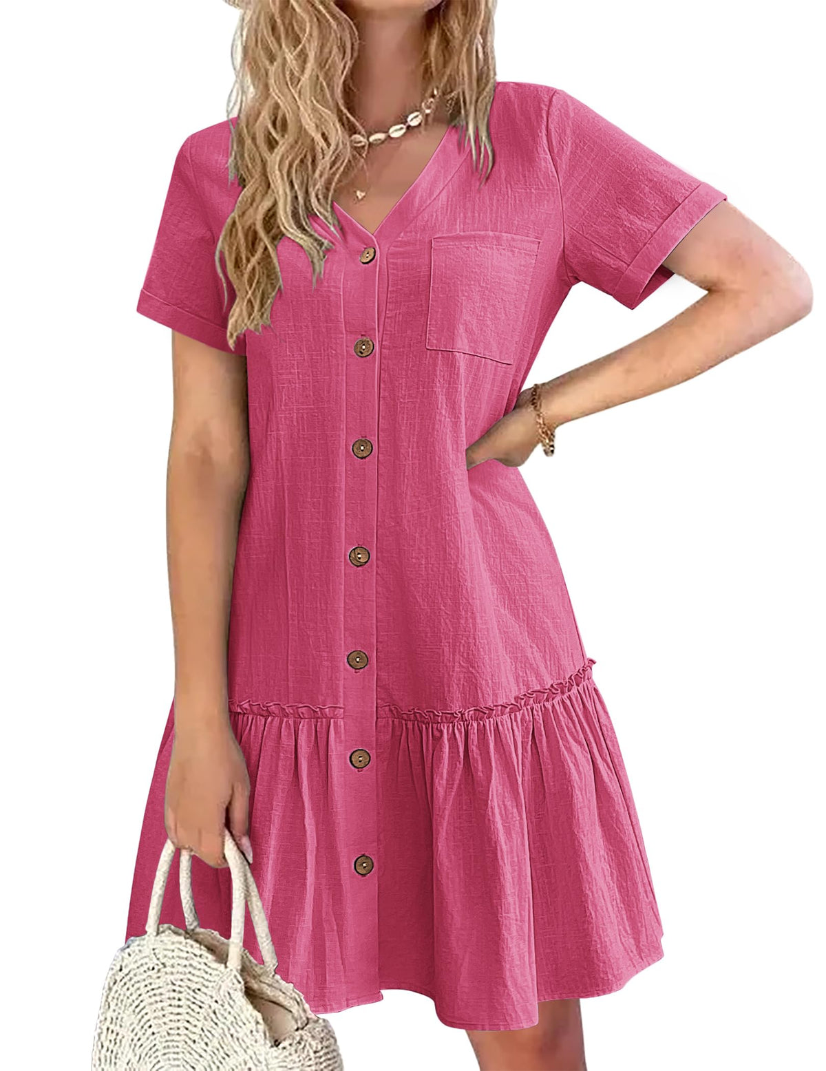 Trixie jurk dames – V-hals met knopen, katoen linnen losse pasvorm & volant zoom zomer