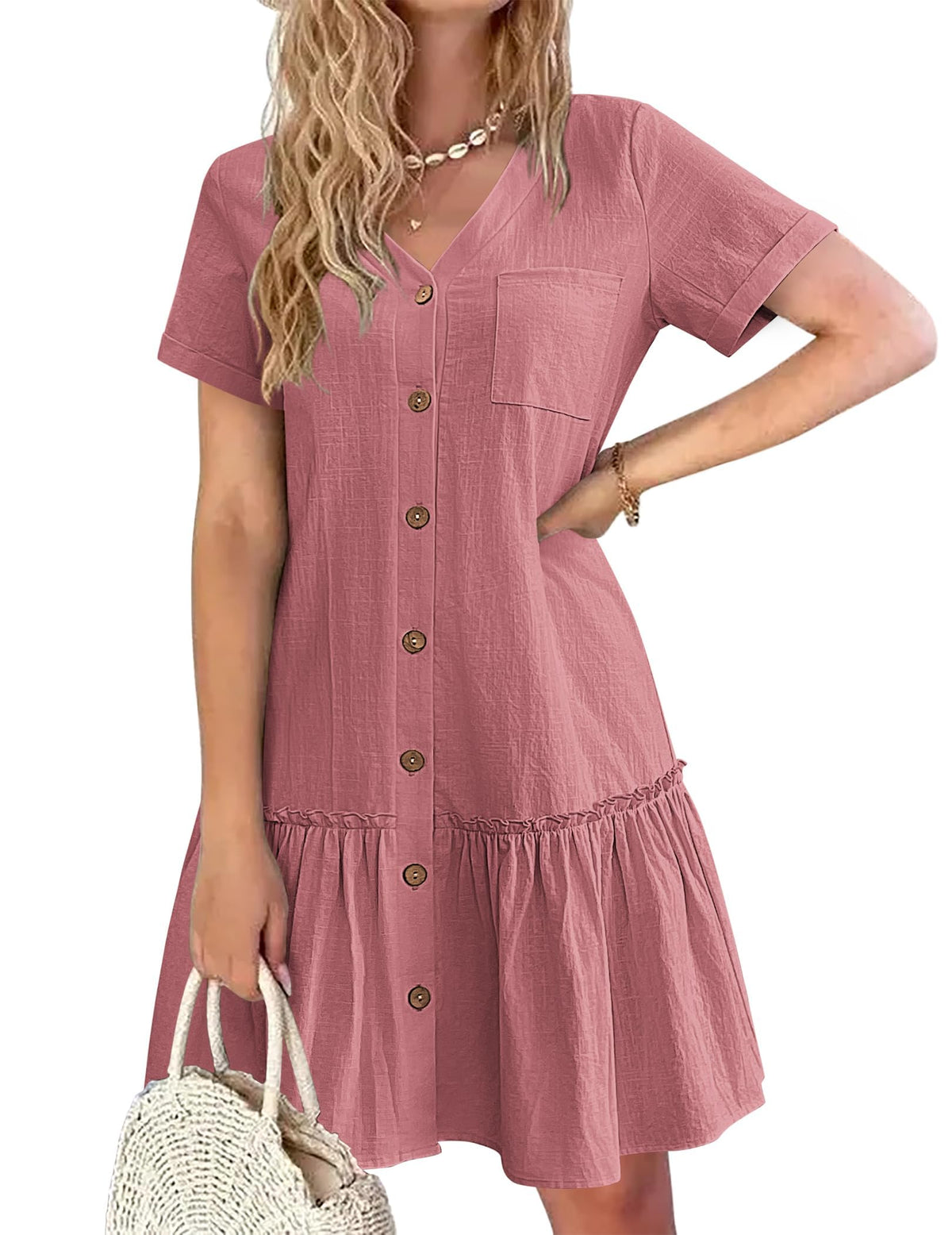 Trixie jurk dames – V-hals met knopen, katoen linnen losse pasvorm & volant zoom zomer