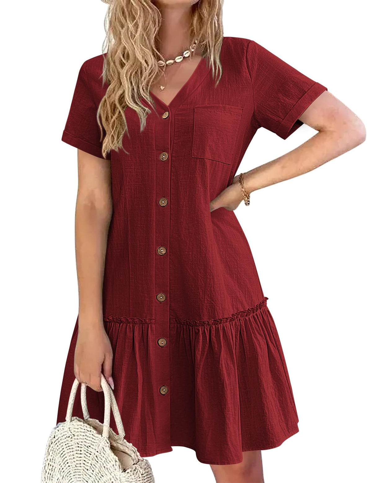 Trixie jurk dames – V-hals met knopen, katoen linnen losse pasvorm & volant zoom zomer