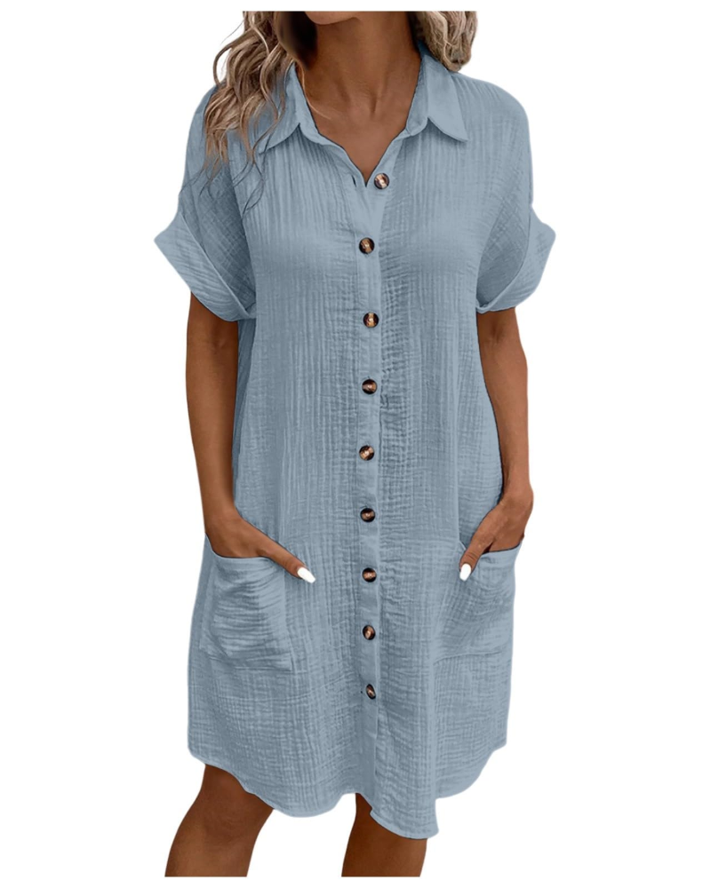 Yvette Damen Kleid – Hemdblusenkleid mit V-Ausschnitt, Knöpfen und Taschen, Fließender Schnitt, Boho Chic