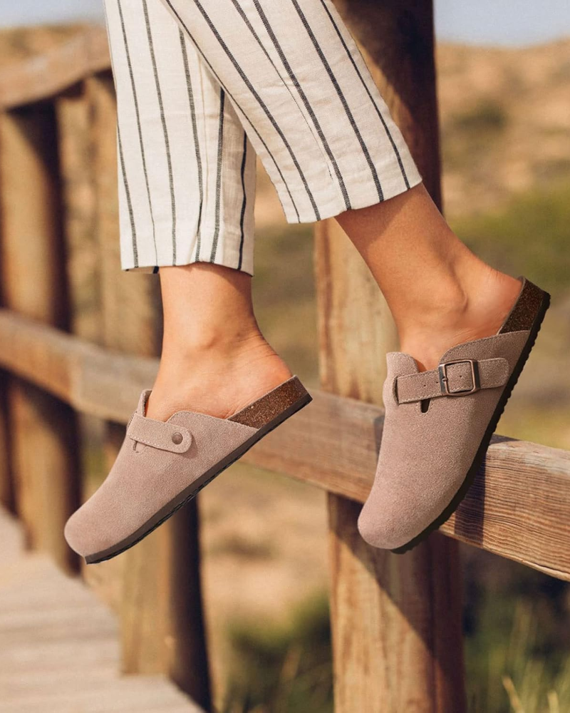Women's Zona Clogs – Genuine Suede Mules with Cork Sole & Arch Support