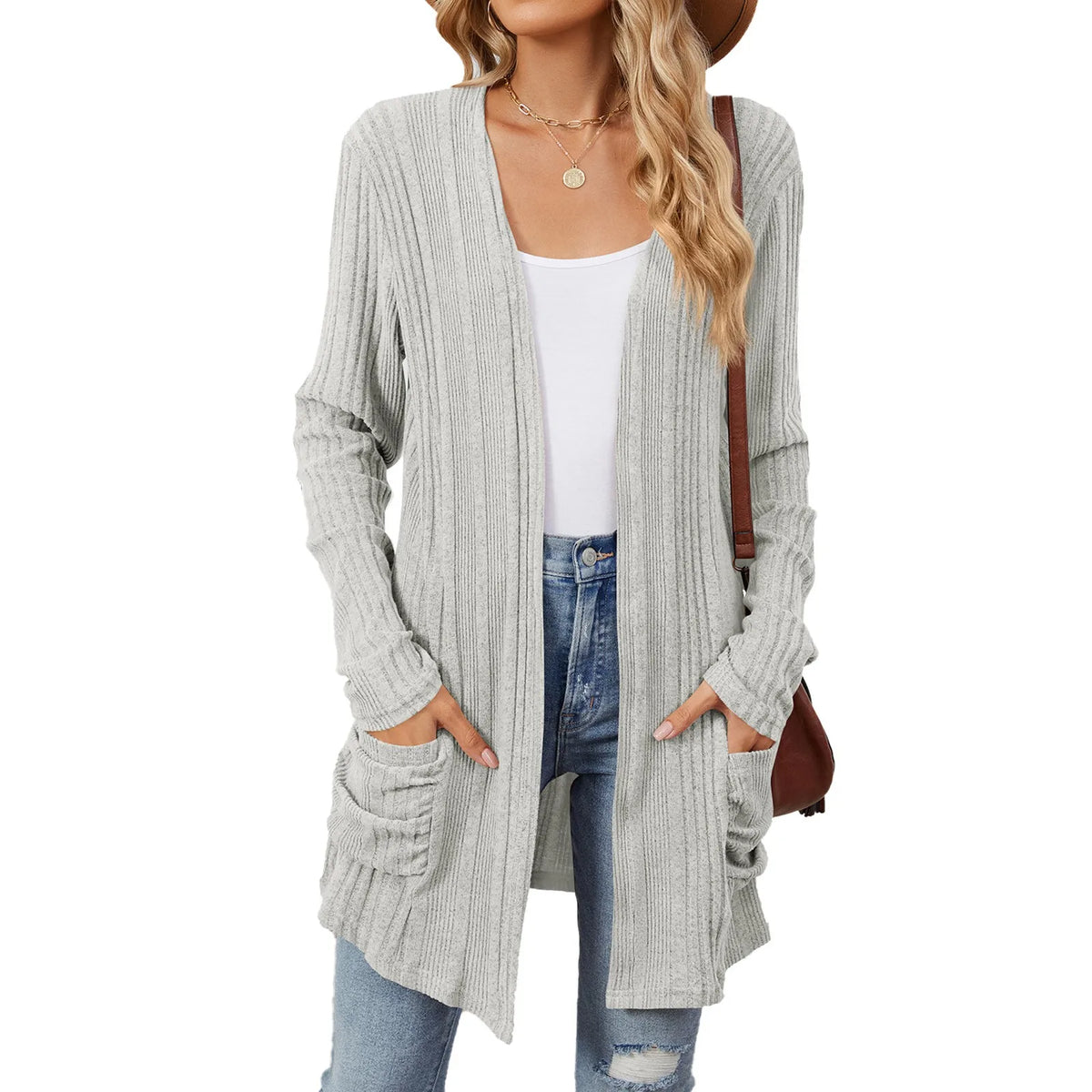 Isabelle Damen langer Cardigan – Offener gerippter Strickweste mit Taschen & lässiger Passform