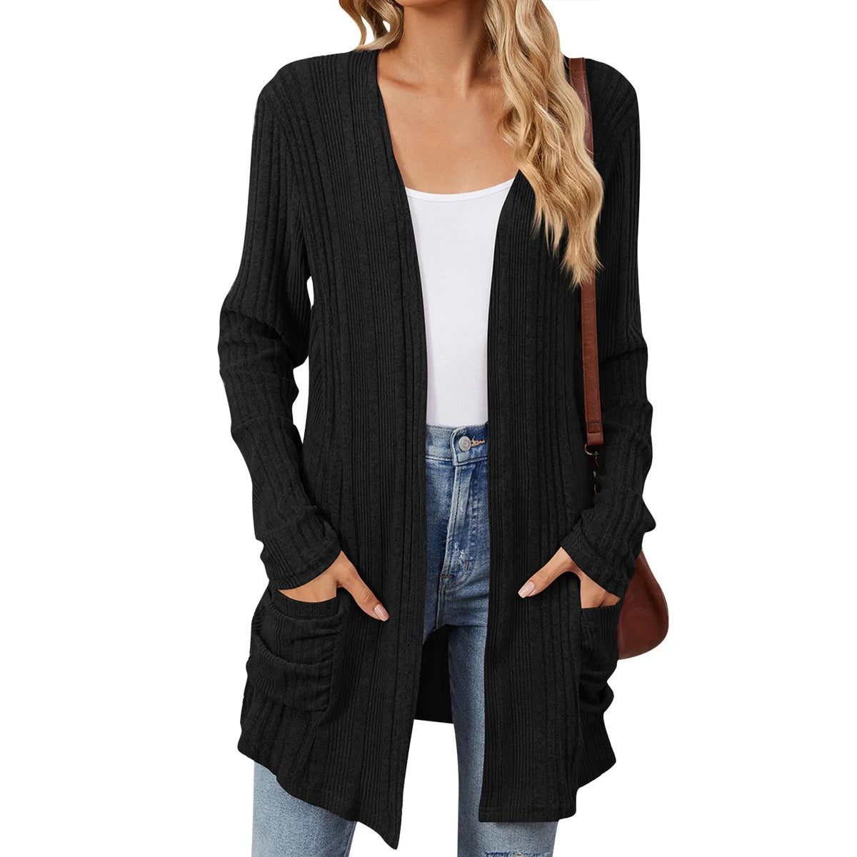 Isabelle Damen langer Cardigan – Offener gerippter Strickweste mit Taschen & lässiger Passform