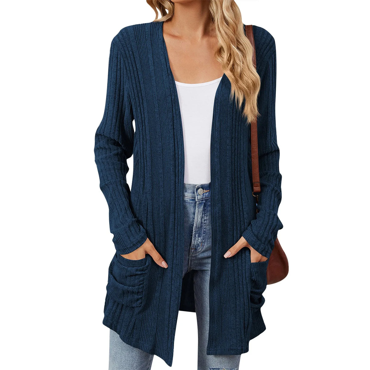 Isabelle Damen langer Cardigan – Offener gerippter Strickweste mit Taschen & lässiger Passform
