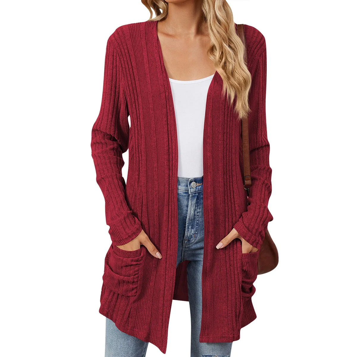 Isabelle Damen langer Cardigan – Offener gerippter Strickweste mit Taschen & lässiger Passform