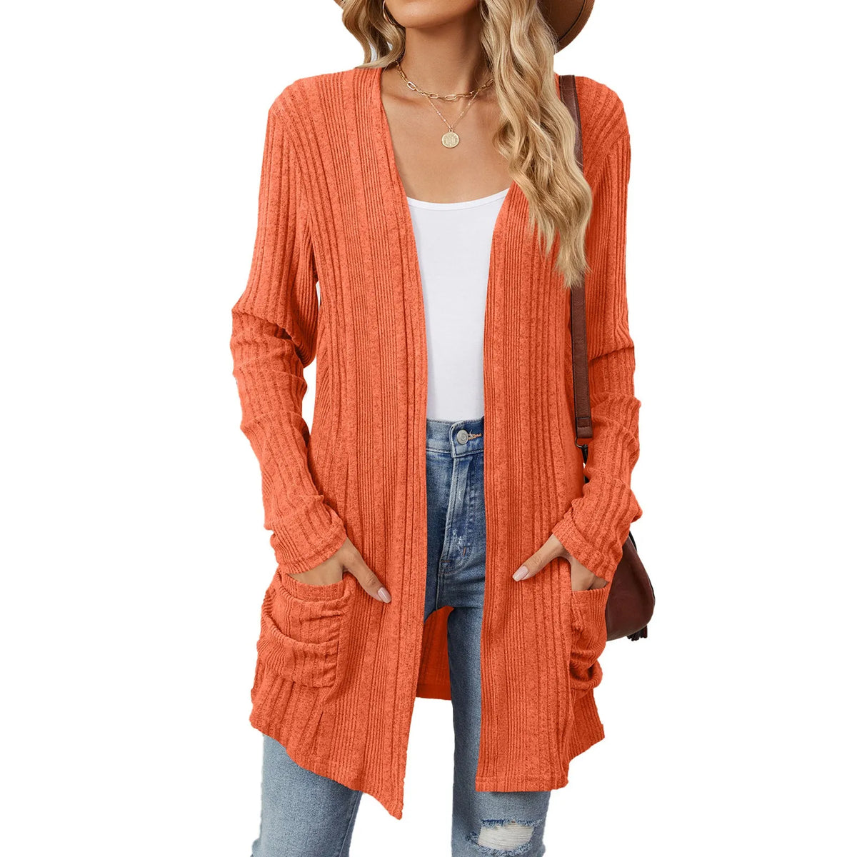 Isabelle Damen langer Cardigan – Offener gerippter Strickweste mit Taschen & lässiger Passform