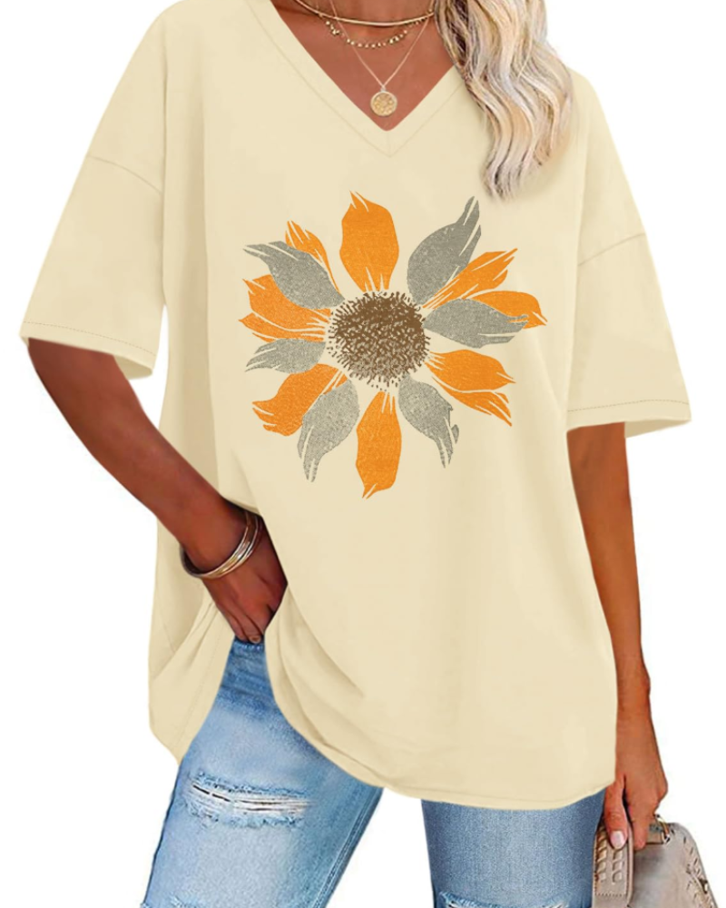 T-shirt Paisley Gráfico Feminino – Top Oversize com Decote em V Casual