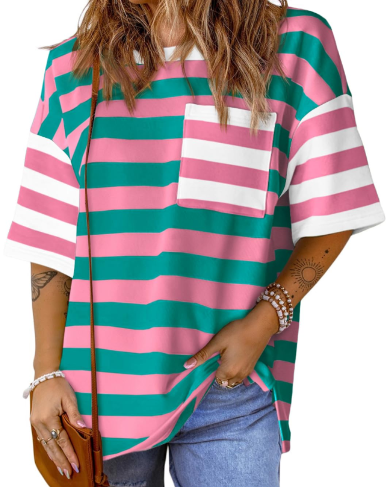 T-shirt às riscas Brielle para mulher – Top oversize com gola redonda e blocos de cor