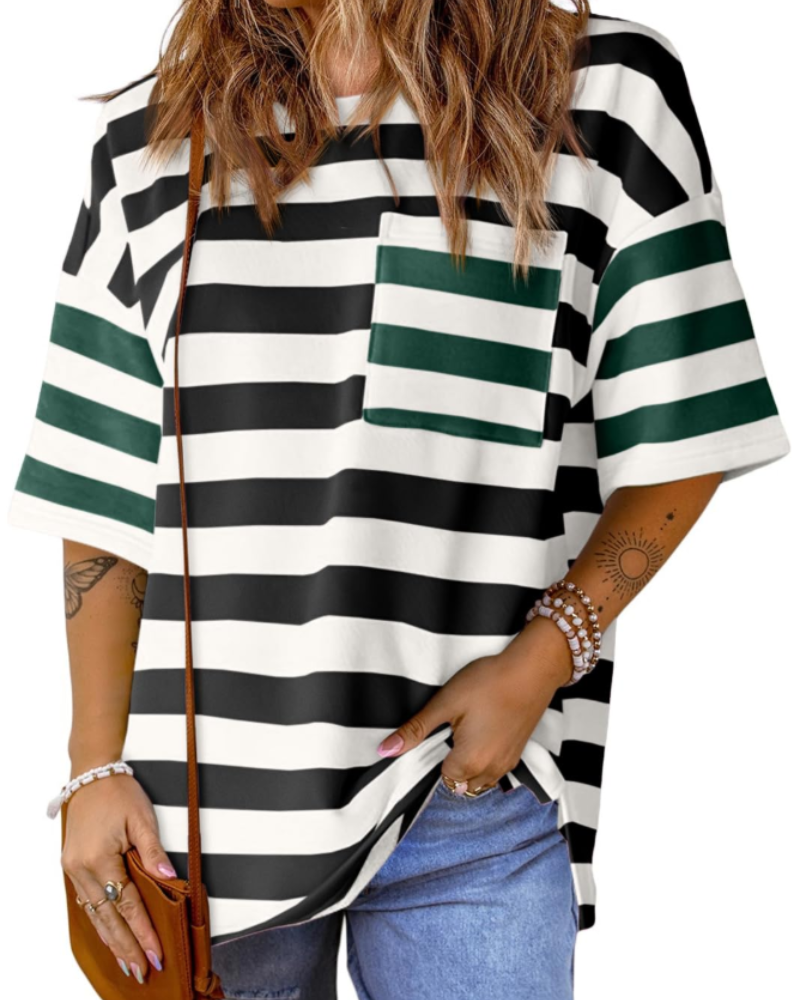T-shirt às riscas Brielle para mulher – Top oversize com gola redonda e blocos de cor