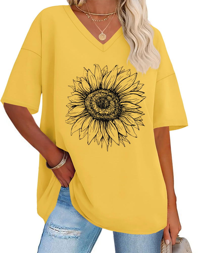T-shirt Paisley Gráfico Feminino – Top Oversize com Decote em V Casual