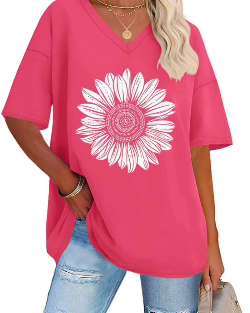 T-shirt Paisley Gráfico Feminino – Top Oversize com Decote em V Casual