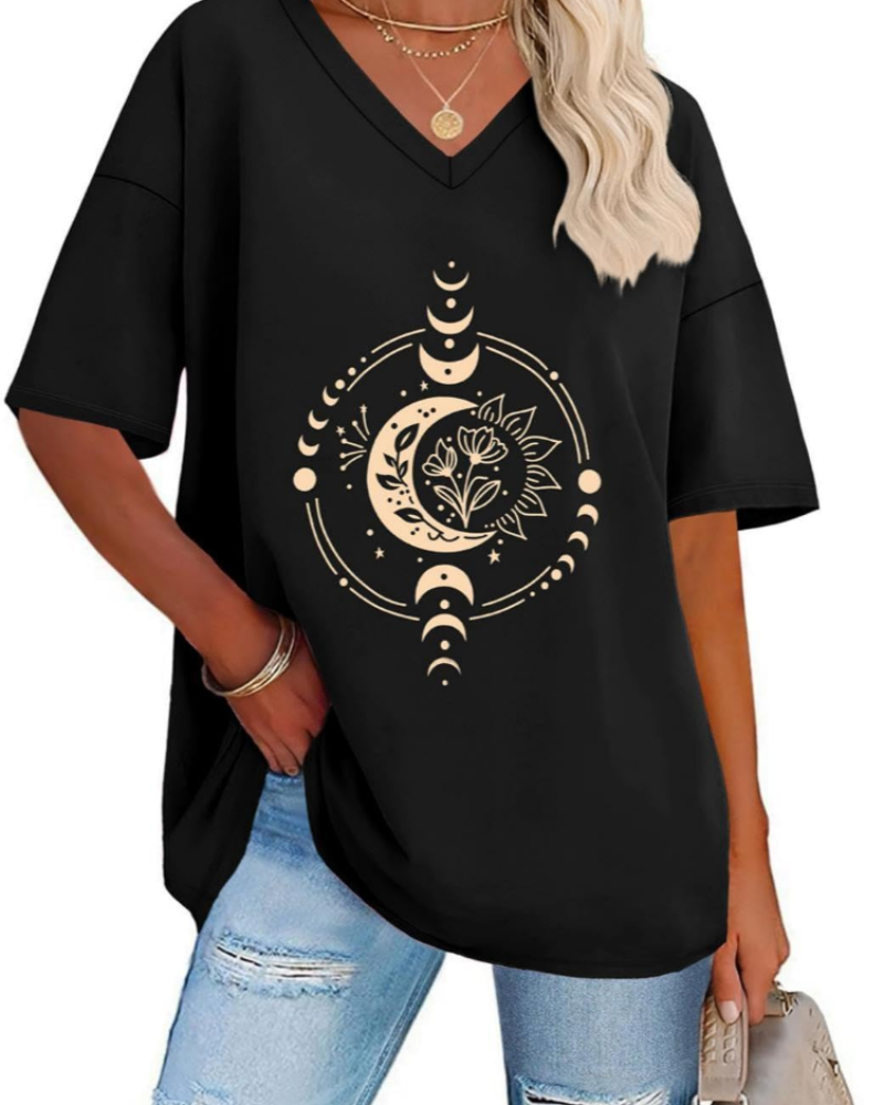 T-shirt Paisley Gráfico Feminino – Top Oversize com Decote em V Casual