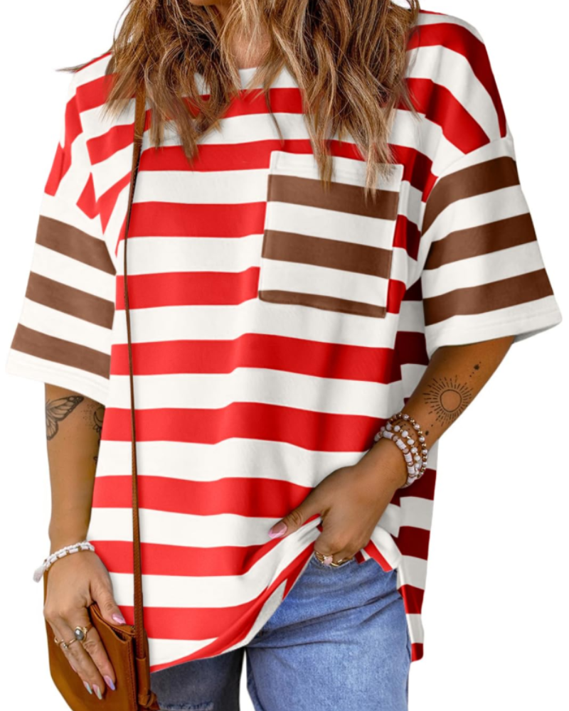 T-shirt às riscas Brielle para mulher – Top oversize com gola redonda e blocos de cor