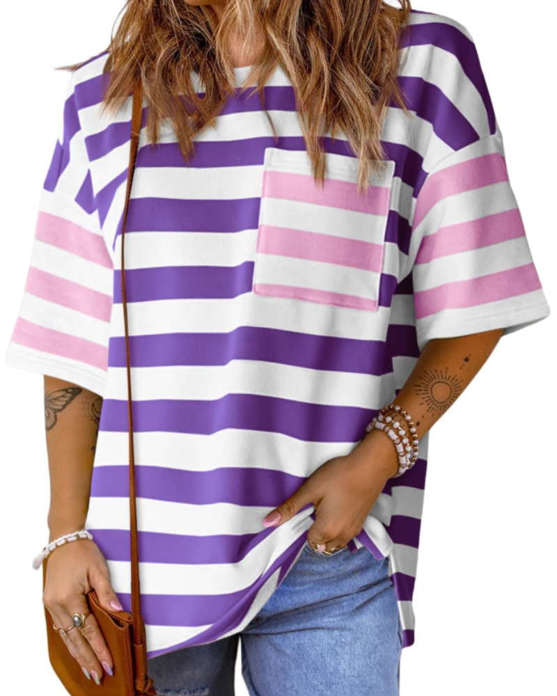 T-shirt às riscas Brielle para mulher – Top oversize com gola redonda e blocos de cor