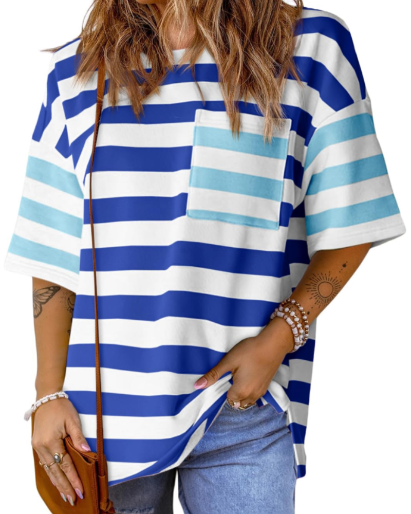 T-shirt às riscas Brielle para mulher – Top oversize com gola redonda e blocos de cor