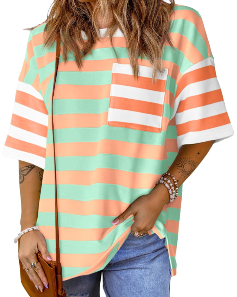 T-shirt às riscas Brielle para mulher – Top oversize com gola redonda e blocos de cor