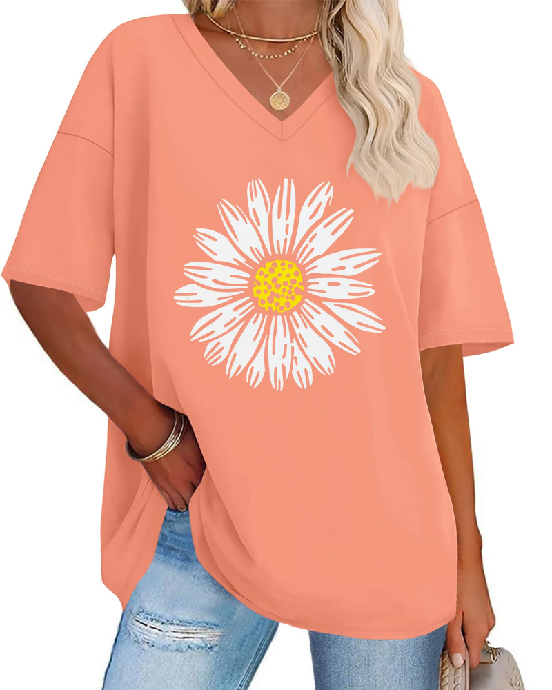 T-shirt Paisley Gráfico Feminino – Top Oversize com Decote em V Casual