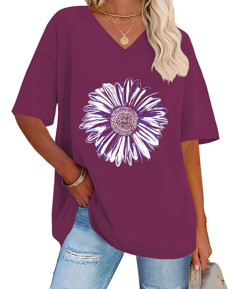 T-shirt Paisley Gráfico Feminino – Top Oversize com Decote em V Casual