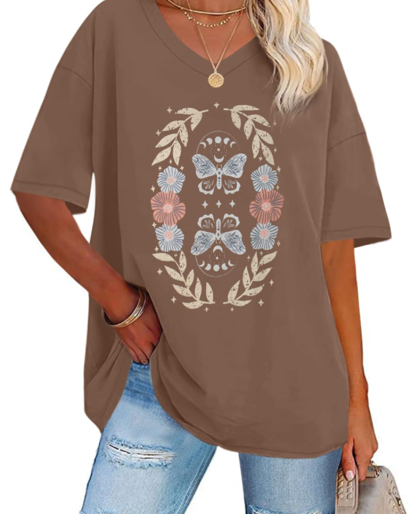 T-shirt Paisley Gráfico Feminino – Top Oversize com Decote em V Casual