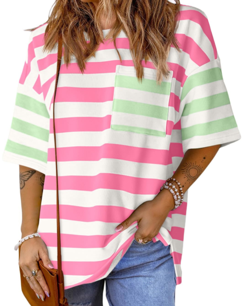 T-shirt às riscas Brielle para mulher – Top oversize com gola redonda e blocos de cor