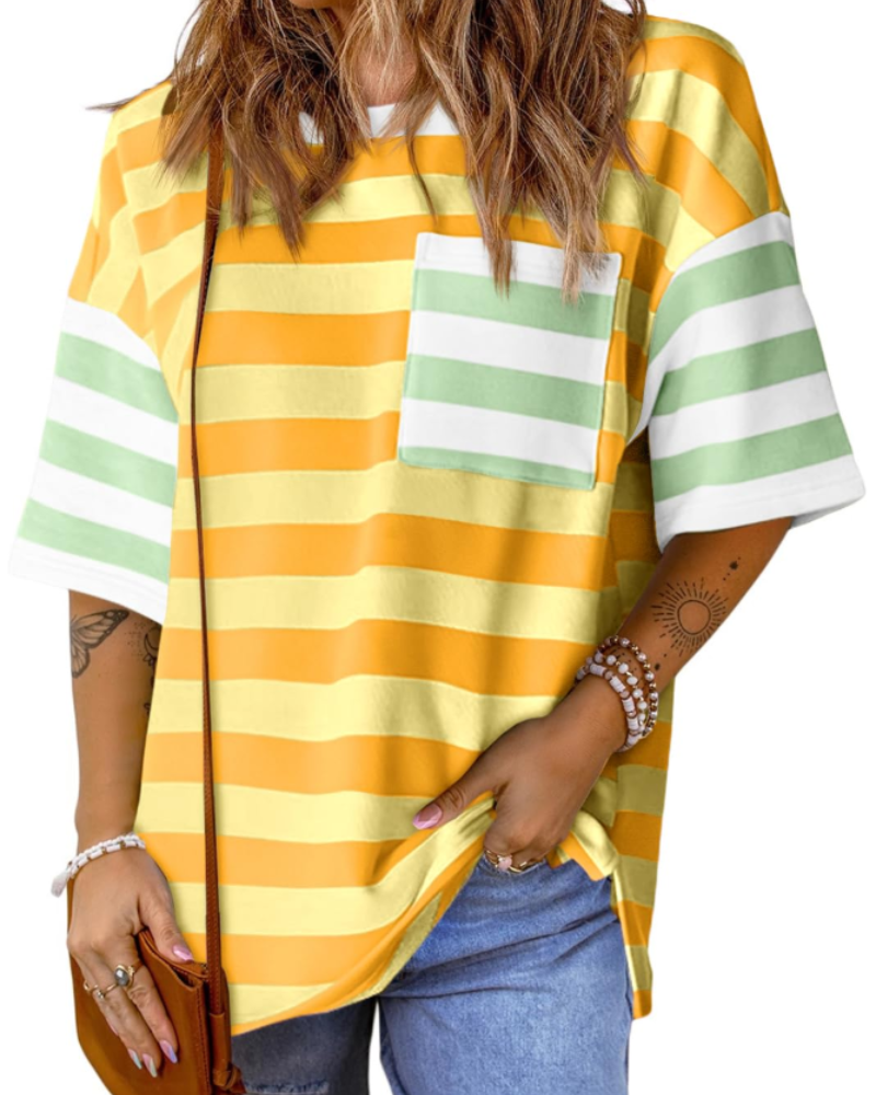 T-shirt às riscas Brielle para mulher – Top oversize com gola redonda e blocos de cor