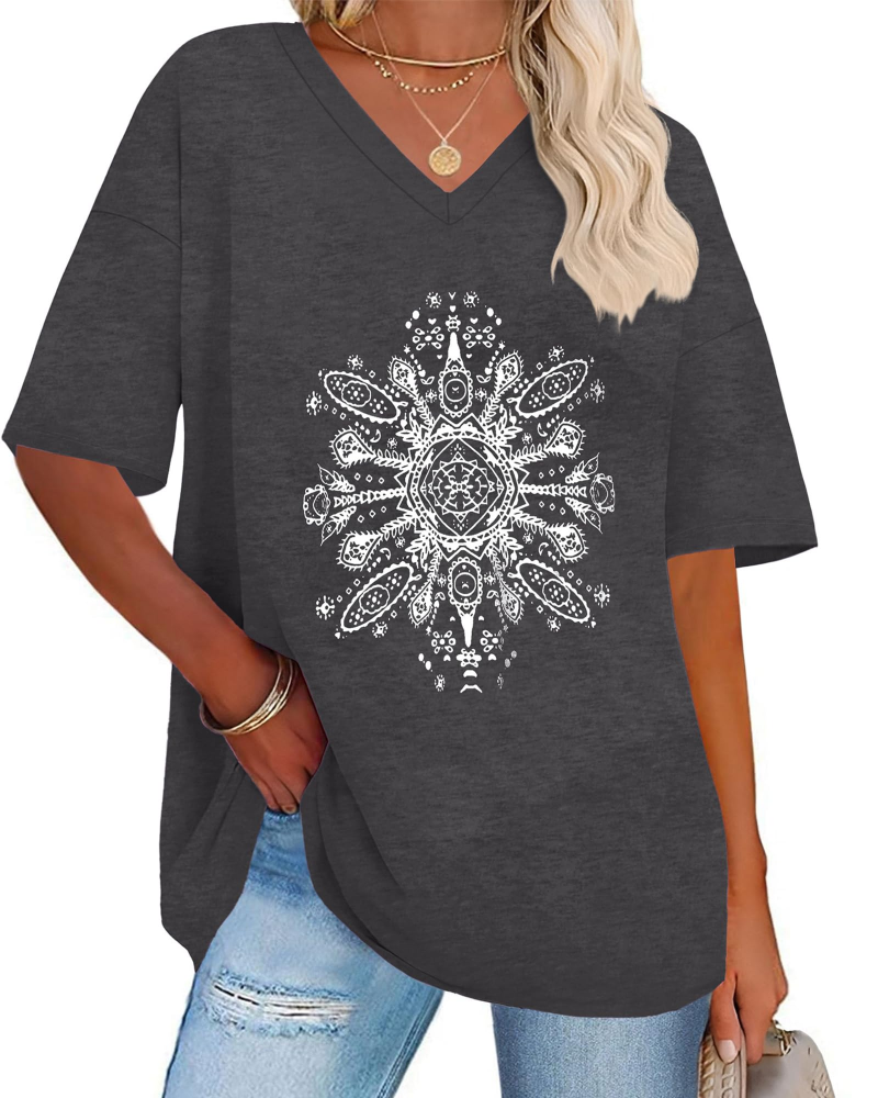 T-shirt Paisley Gráfico Feminino – Top Oversize com Decote em V Casual